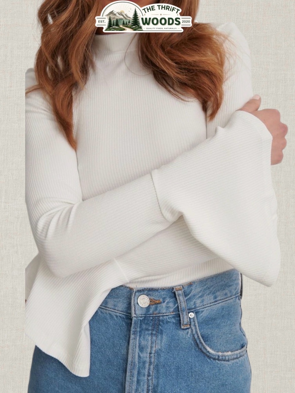 Dynamite Mock Neck Ribbed Bell-Sleeve Top